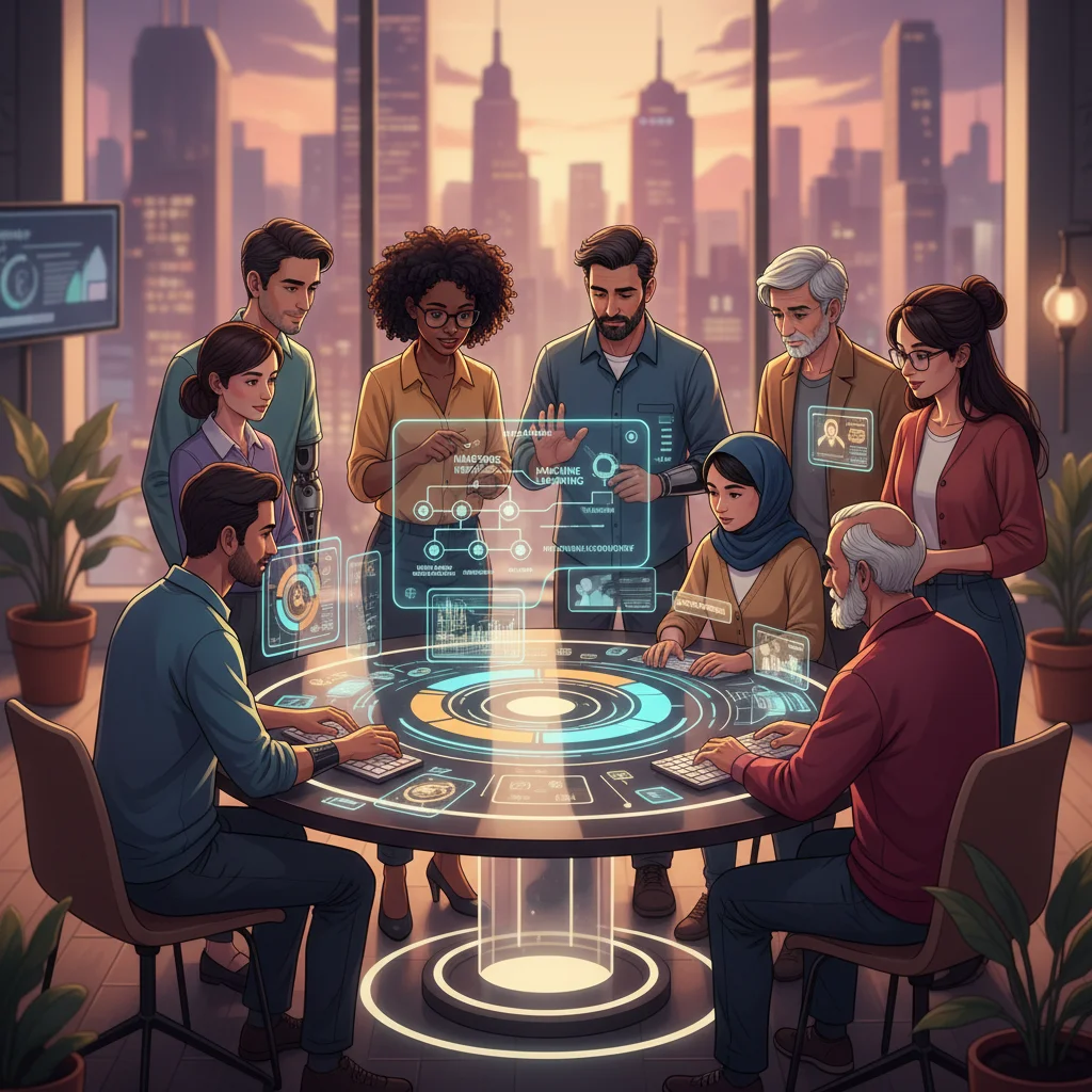 Diverse team collaborating on ethical AI frameworks