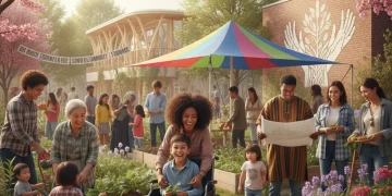 Diverse community members thriving due to effective social programs.