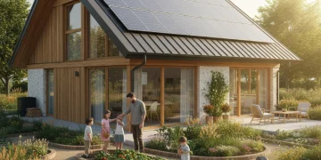 Eco-friendly home with solar panels and green garden, symbolizing carbon footprint reduction.