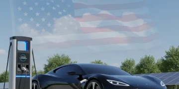 Electric vehicle charging at a station, symbolizing federal EV incentives and sustainable transportation.