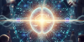 Abstract representation of ethical AI with human oversight
