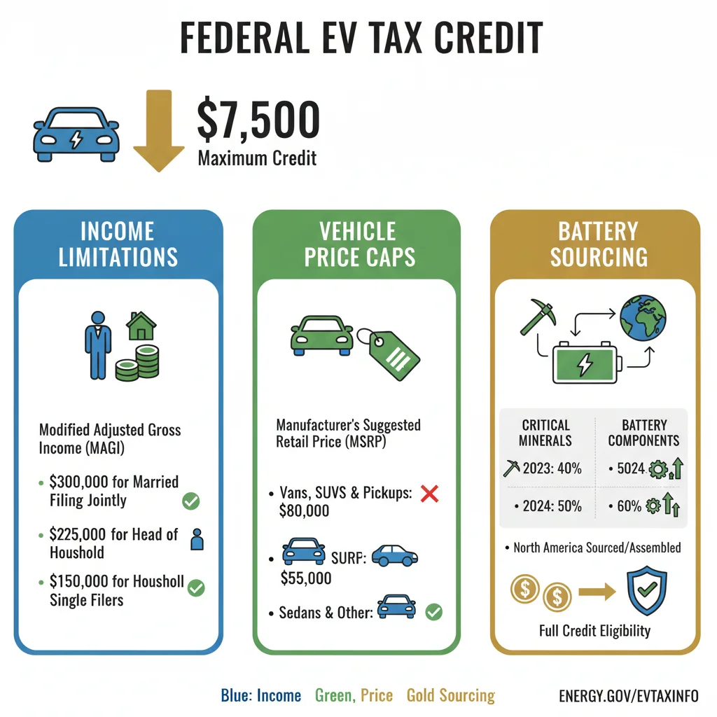 Infographic detailing federal EV tax credit requirements and eligibility for consumers.