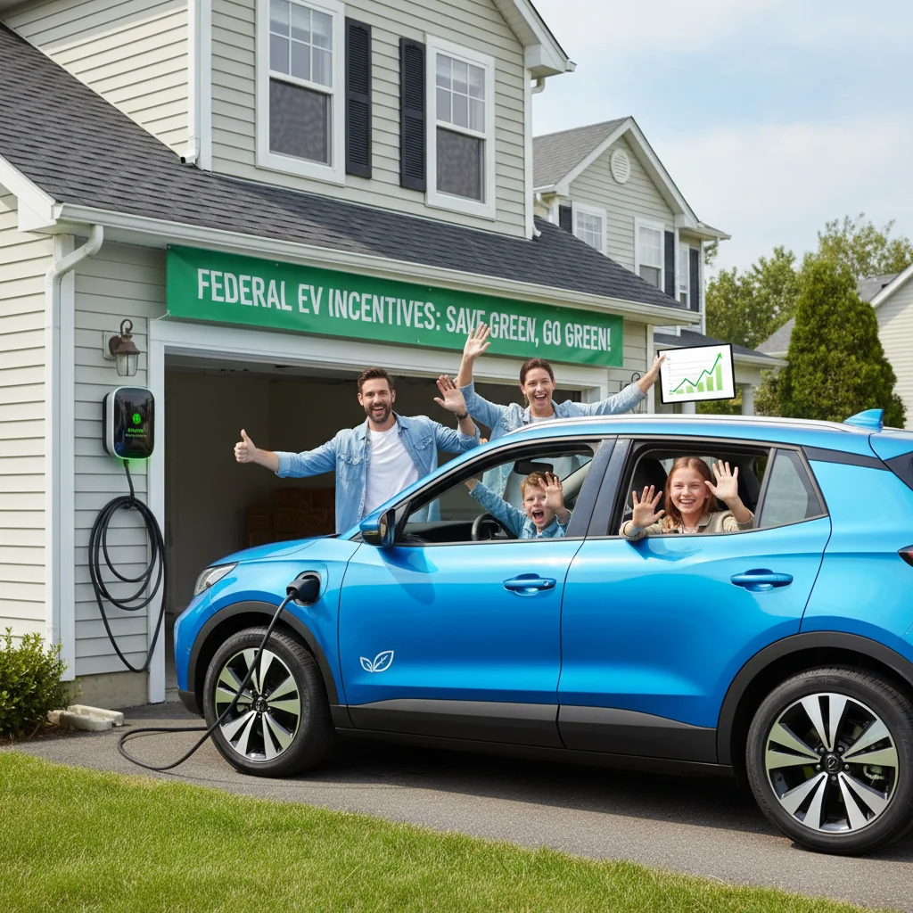 Family enjoying their new electric SUV with a home EV charger, reflecting federal EV incentives.