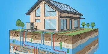Geothermal heating and cooling system illustration for a modern US home