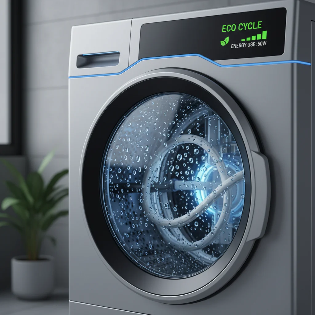 High-efficiency washing machine with digital display indicating energy savings