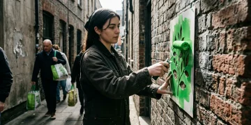 A young woman stenciling a vibrant green leaf onto a weathered brick wall in an urban alley, symbolizing new green initiatives and consumer demand for ethical practices.