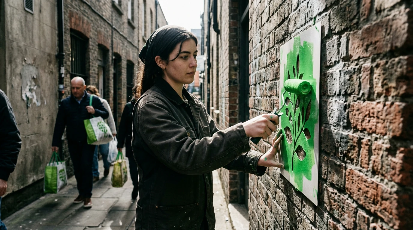 A young woman stenciling a vibrant green leaf onto a weathered brick wall in an urban alley, symbolizing new green initiatives and consumer demand for ethical practices.