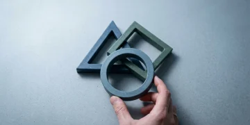 Interlocking geometric shapes made of recycled plastic representing environmental, social, and economic sustainability, with a human hand stabilizing one form, set on a minimalist concrete background.
