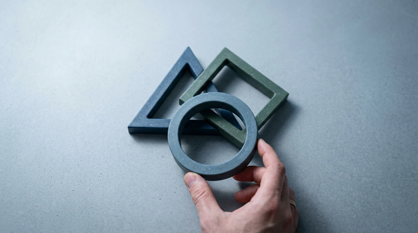Interlocking geometric shapes made of recycled plastic representing environmental, social, and economic sustainability, with a human hand stabilizing one form, set on a minimalist concrete background.