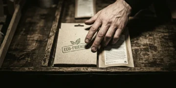 Close-up of a consumer's hand inspecting product packaging, one labeled 'eco-friendly' with vague claims, highlighting greenwashing tactics on a dark market stall.