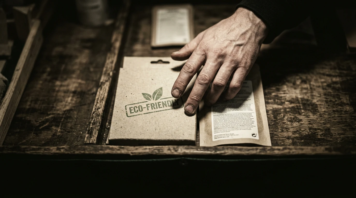 Close-up of a consumer's hand inspecting product packaging, one labeled 'eco-friendly' with vague claims, highlighting greenwashing tactics on a dark market stall.