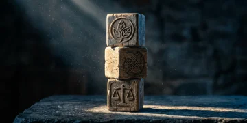 Three weathered wooden blocks, carved with symbols for environment, social equity, and economy, forming a precarious stack on a stone table under dramatic light, representing the holistic concept of sustainable living.