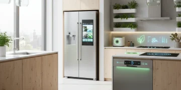 Modern kitchen with eco-friendly appliances saving energy and money