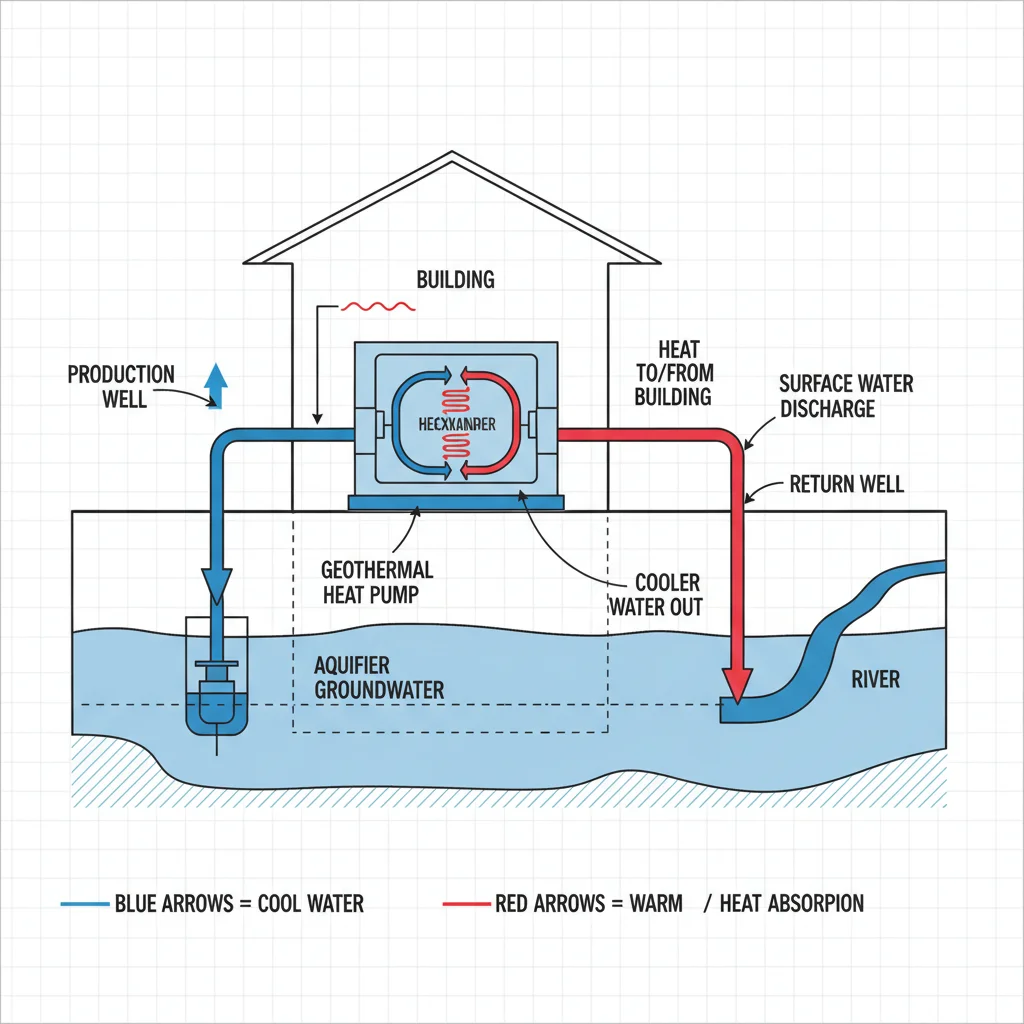 Open-loop geothermal system schematic with water flow
