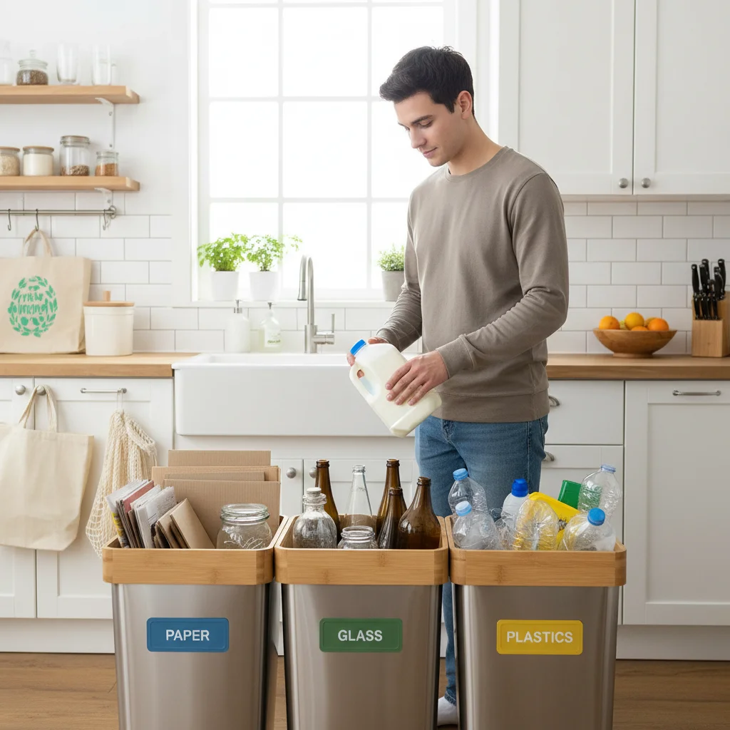 Person sorting recyclables into bins, illustrating effective waste management.