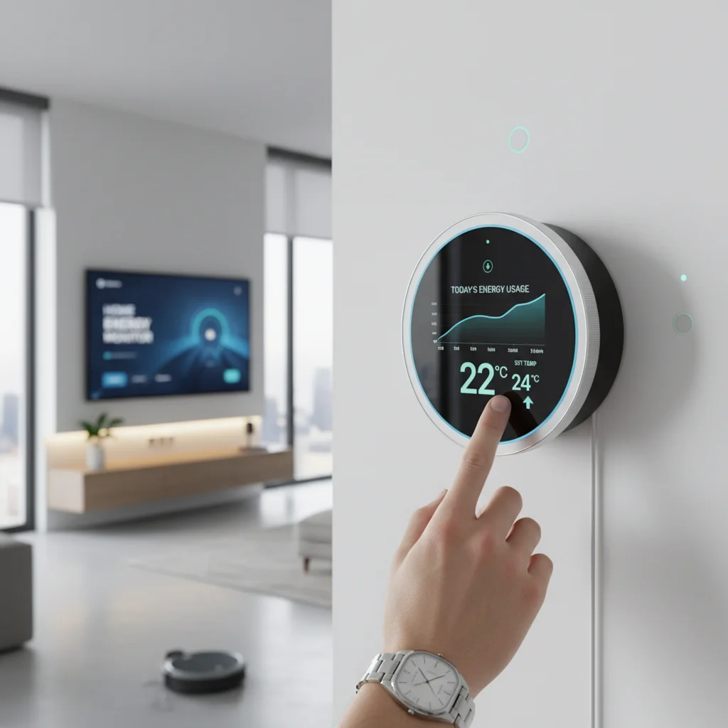 Smart thermostat displaying energy data, promoting home energy efficiency.