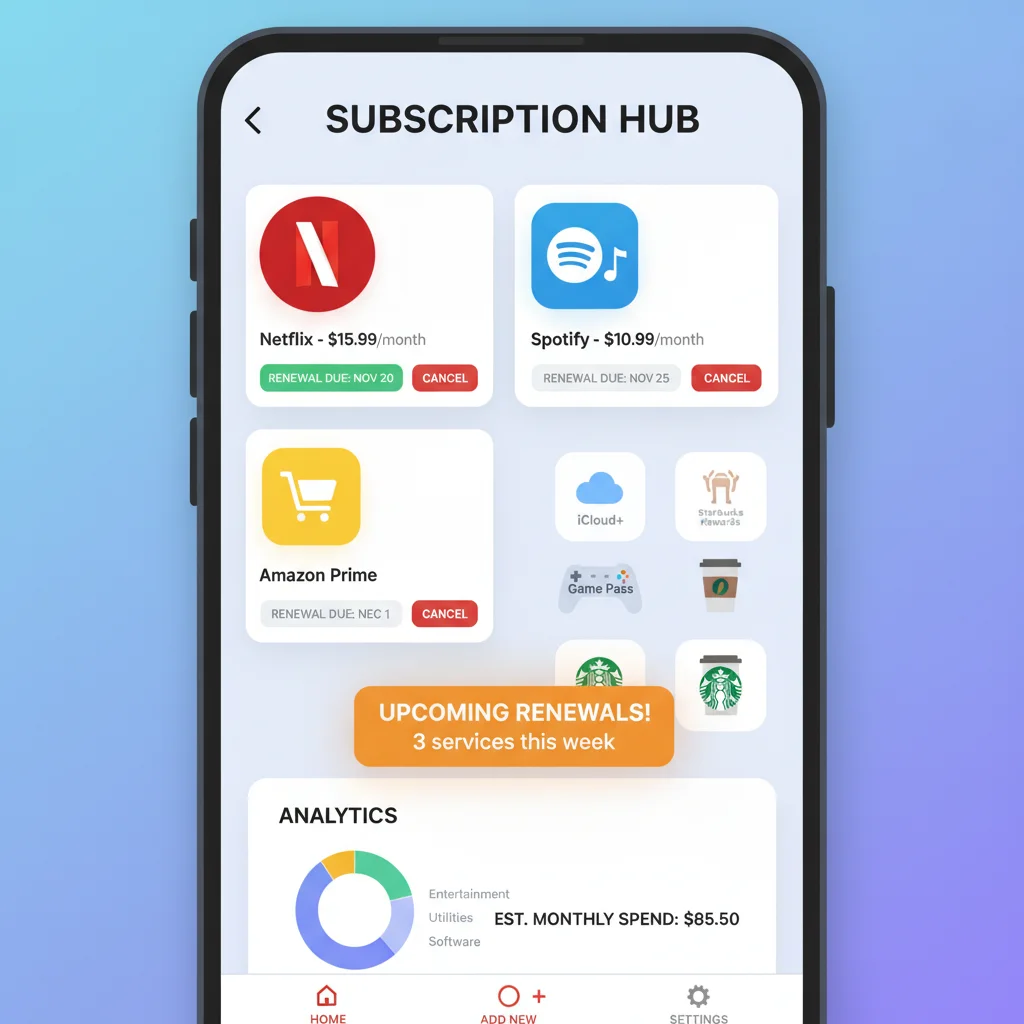 Smartphone screen showing subscription management app with options to review and cancel services.