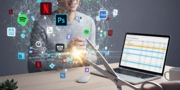 Person cutting through a web of digital subscription icons, symbolizing freedom from unwanted services and saving money.