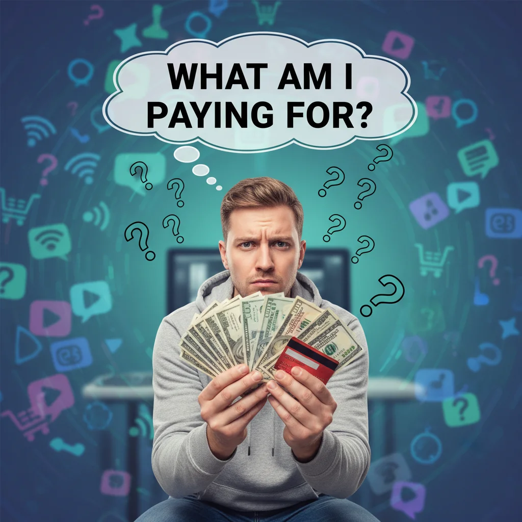 Confused person reviewing bills, wondering about unexpected subscription charges.