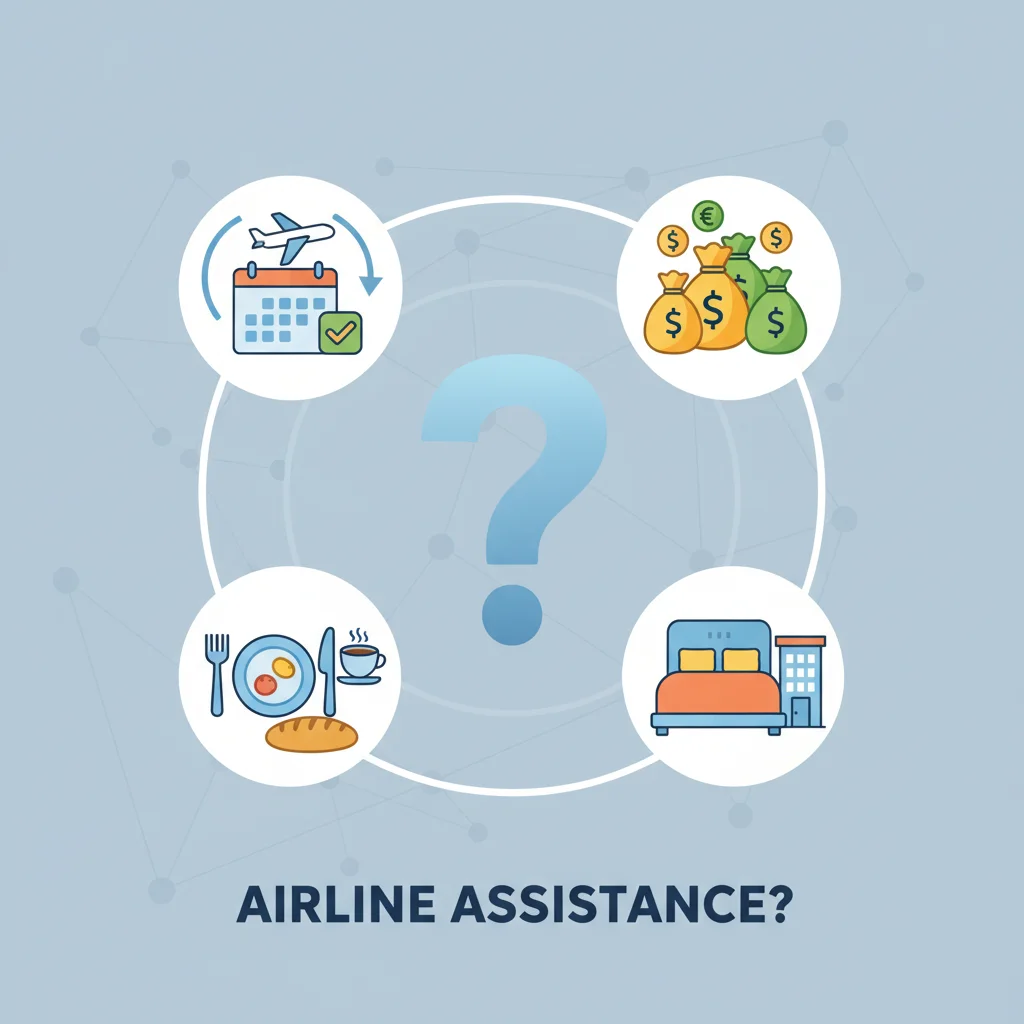 Graphic illustrating various airline compensation options like money, hotel, food, and rebooking