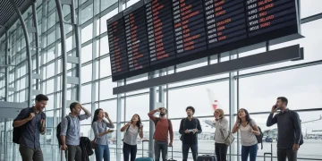Frustrated passengers at airport information board displaying flight delays and cancellations
