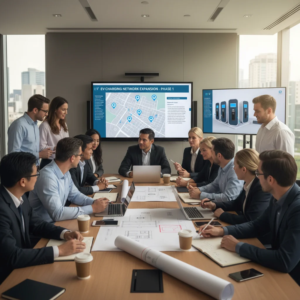Business leaders collaborating on EV charging infrastructure development plans