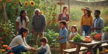Diverse community members collaborating in a vibrant garden, symbolizing community resilience and social impact.