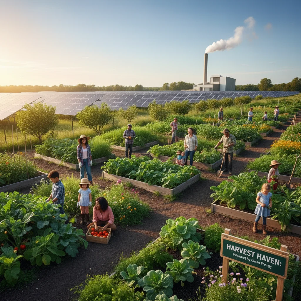 Community garden flourishing due to sustainable waste management and energy projects.