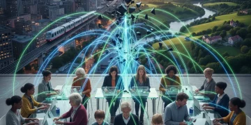 Diverse community connected by digital technology, bridging the digital divide.