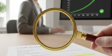 Detailed credit report showing highlighted errors with a magnifying glass and a pen, symbolizing credit repair and score improvement.