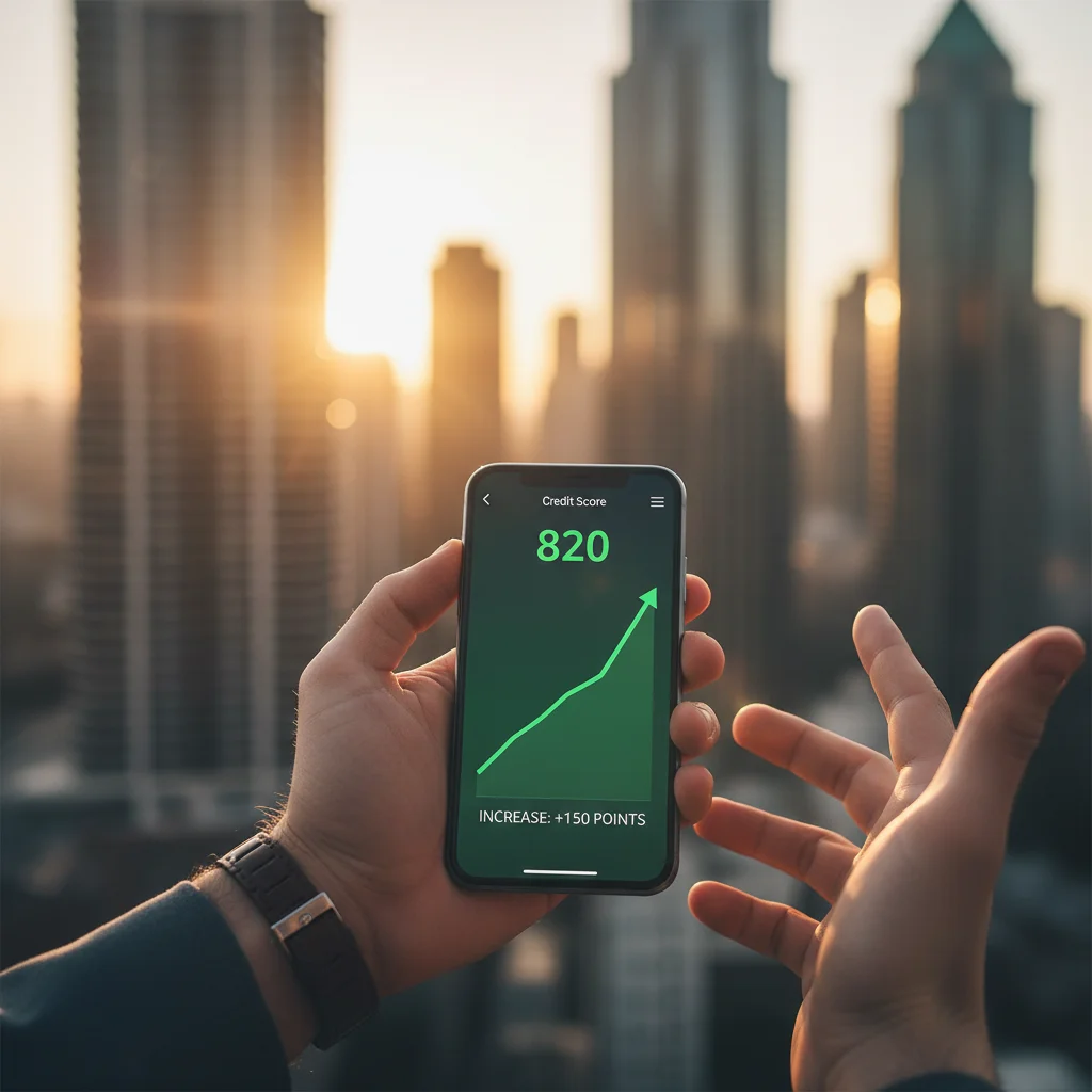 Smartphone displaying a credit score increase on a graph, symbolizing successful credit repair and improved financial health.