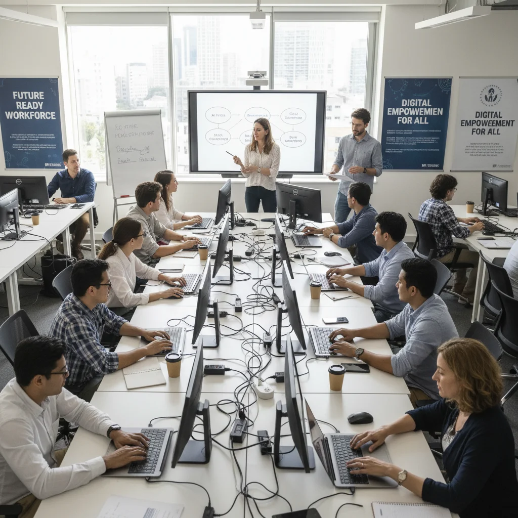Individuals learning digital skills in a modern training workshop