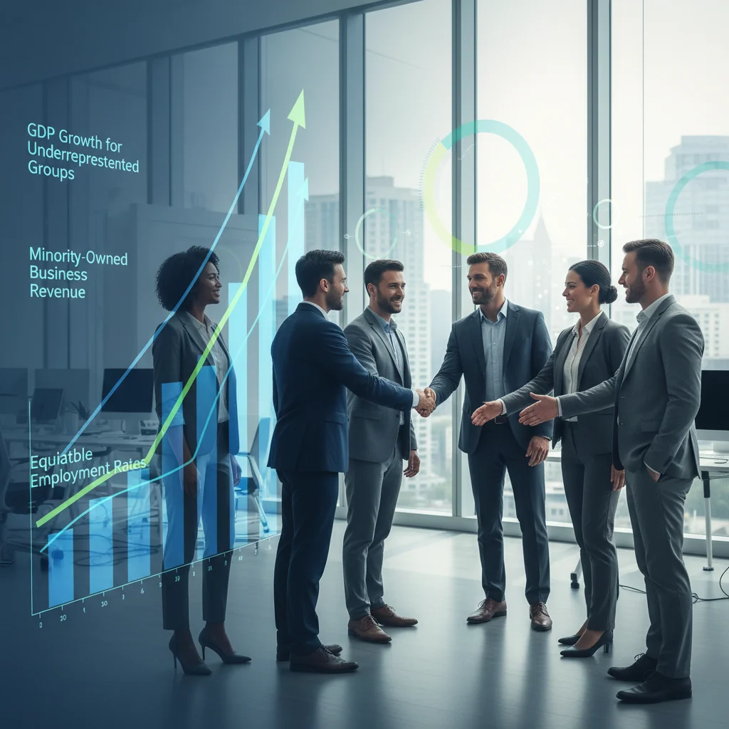 Graphs showing economic growth and diverse people shaking hands, symbolizing equitable opportunities
