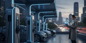 Electric vehicle charging station with a business professional reviewing grant information