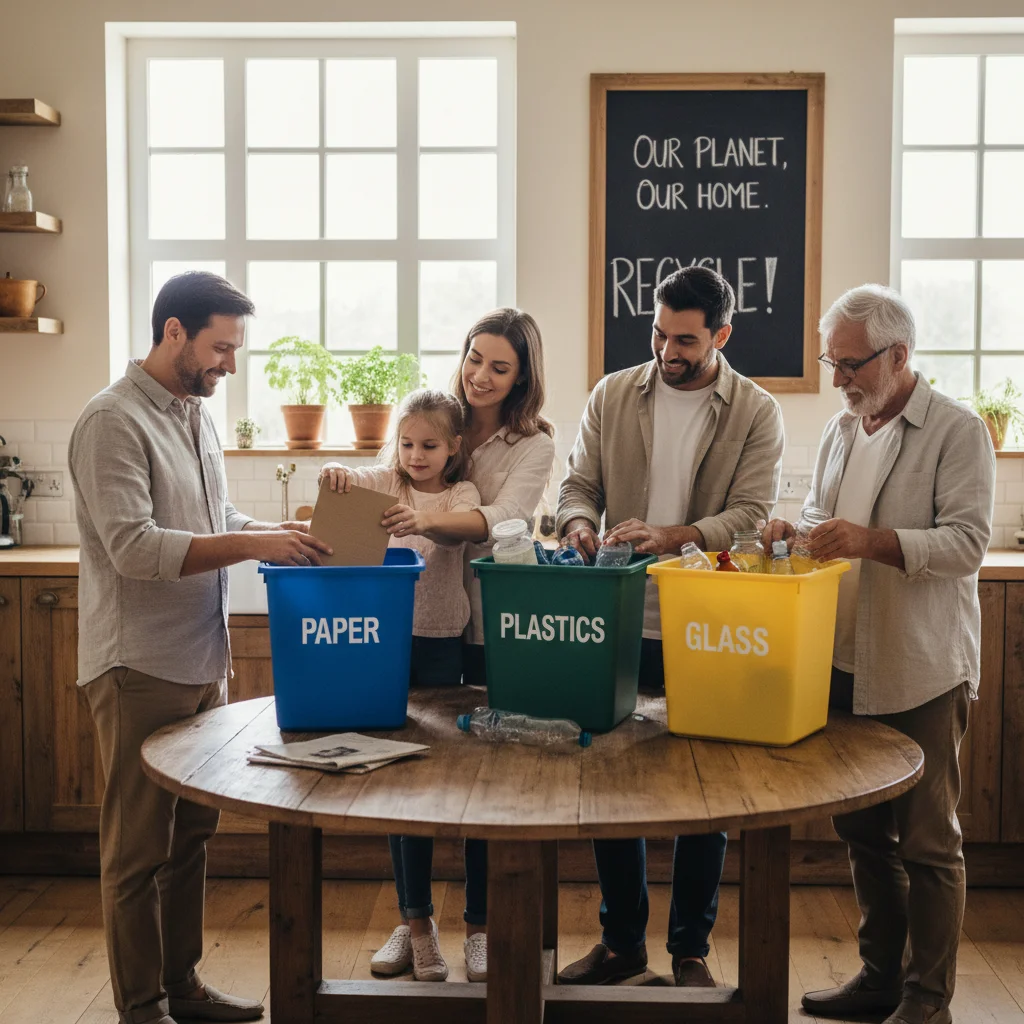 Family sorting recyclables into labeled bins in a kitchen, promoting waste reduction.