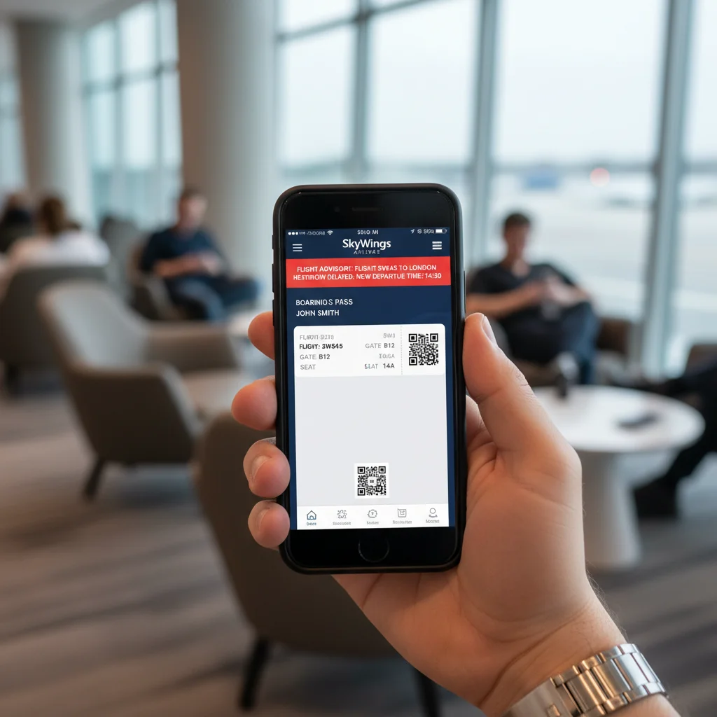 Smartphone showing flight delay notification and digital boarding pass
