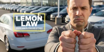 Frustrated consumer with car keys looking at a defective vehicle, symbolizing Lemon Law recourse.