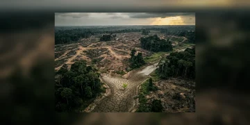 Aerial view of a severely deforested landscape with dry, cracked riverbeds and isolated green patches, illustrating humanity's ecological impact and planetary boundary transgression.