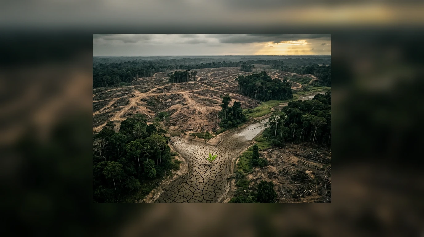 Aerial view of a severely deforested landscape with dry, cracked riverbeds and isolated green patches, illustrating humanity's ecological impact and planetary boundary transgression.