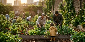 Diverse community members collaboratively tending an urban farm in a revitalized neighborhood, cultivating leafy vegetables and tomatoes under warm golden hour sunlight, demonstrating local green initiatives.
