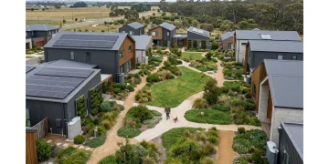 Aerial view of a sustainable suburban neighborhood with solar panels, green landscaping, and rainwater harvesting systems, illustrating economic and environmental benefits.