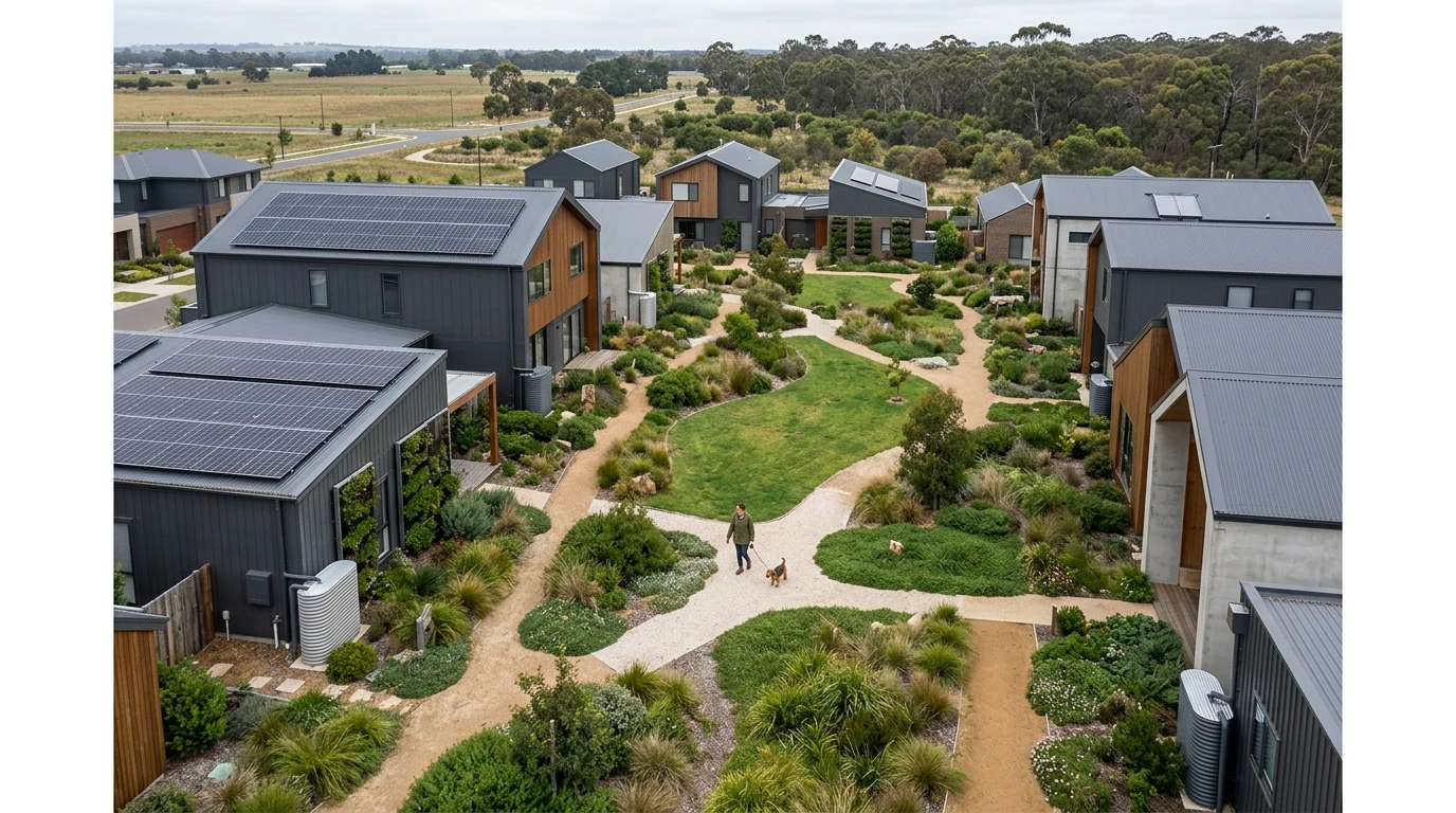 Aerial view of a sustainable suburban neighborhood with solar panels, green landscaping, and rainwater harvesting systems, illustrating economic and environmental benefits.