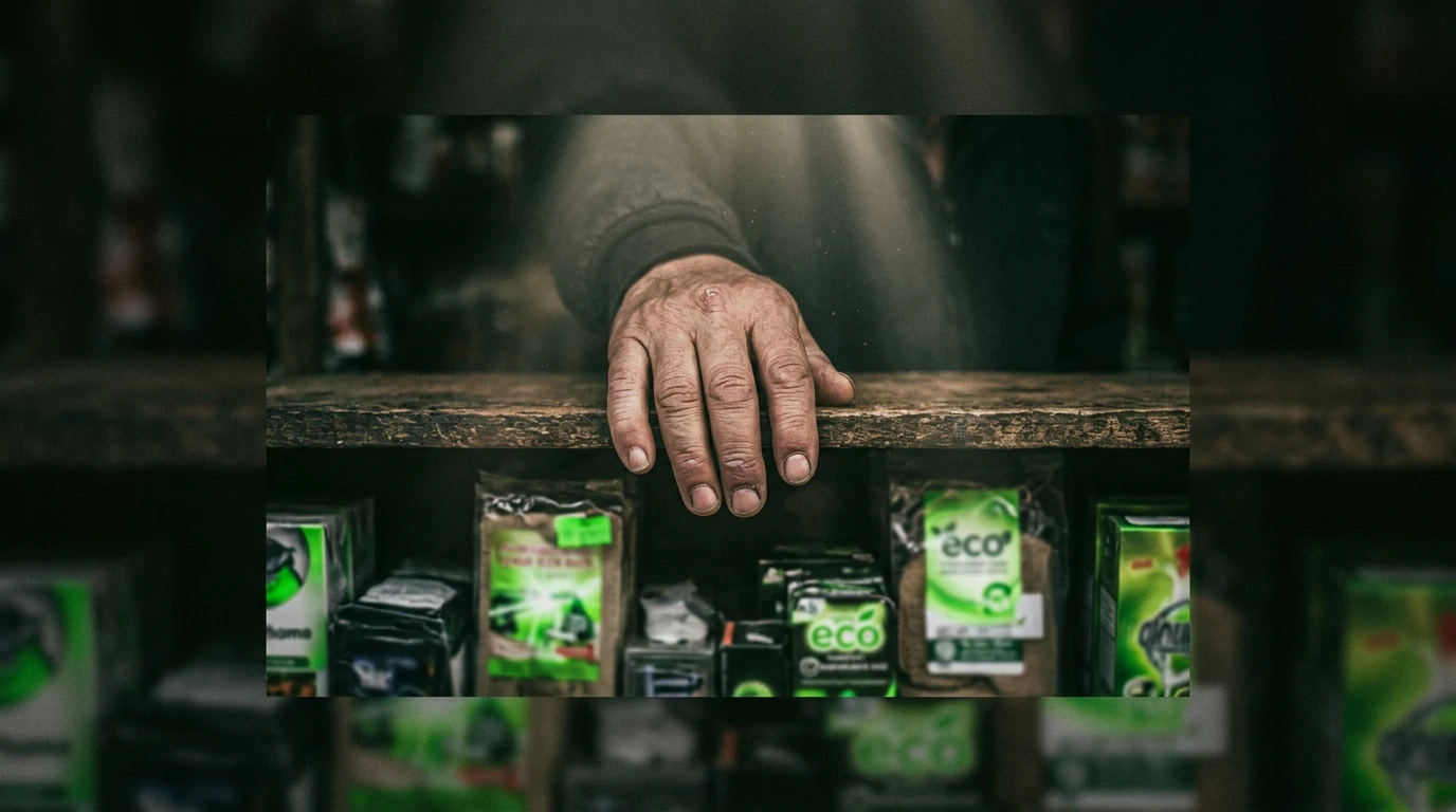 A person's hand reaching into a dimly lit market stall, attempting to decipher vague and misleading 'eco-friendly' labels on consumer products, illustrating greenwashing and consumer confusion.