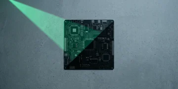 Overhead view of a minimalist circuit board on grey concrete, with a triangular green light beam symbolizing ethical transparency in consumer electronics supply chains.