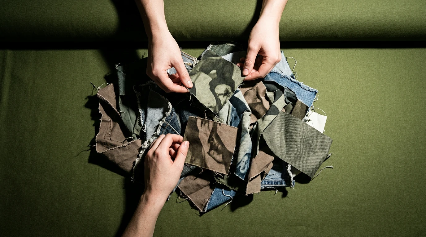 Overhead view of hands sifting through discarded textile scraps on an olive green fabric bolt, symbolizing hidden costs in fashion supply chains.
