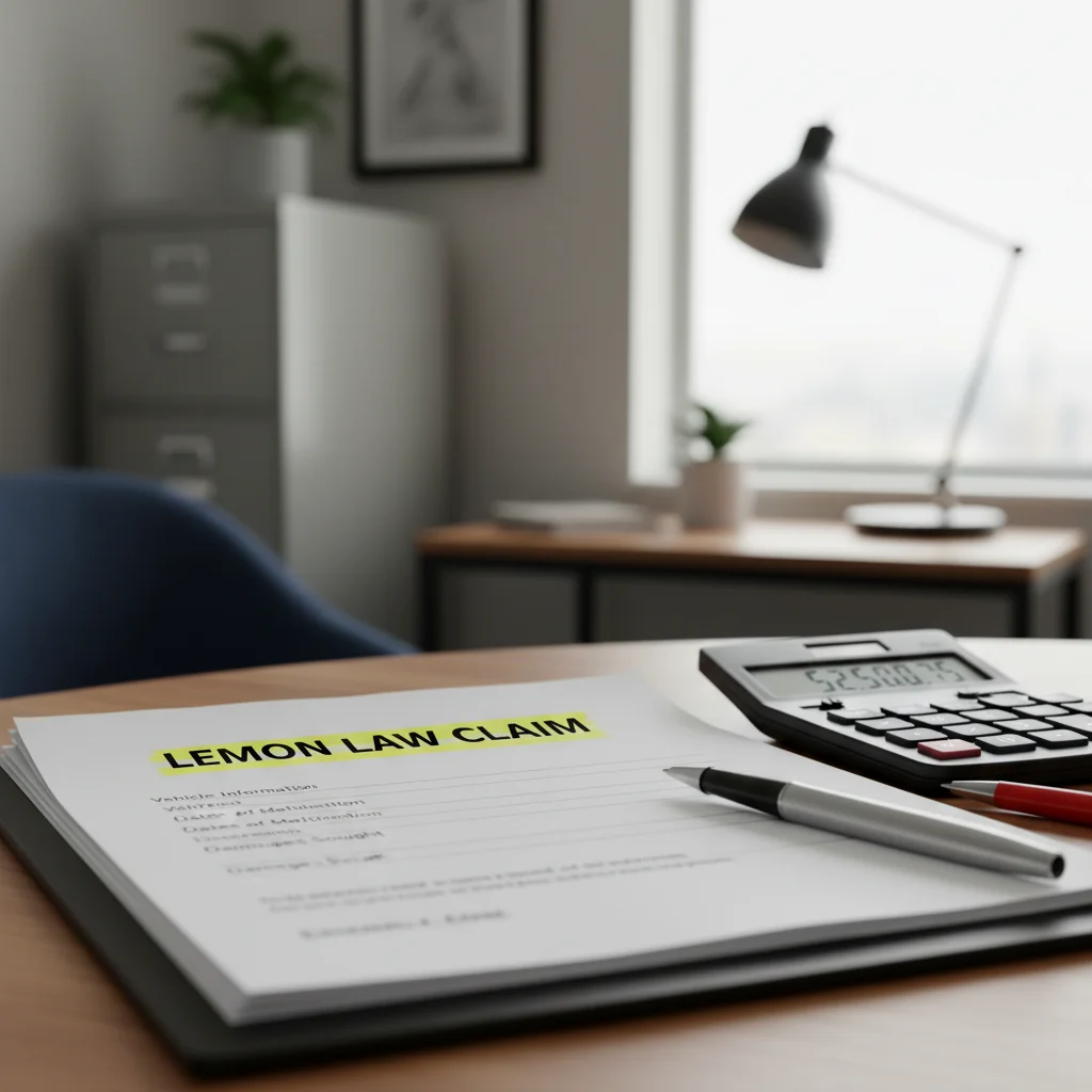 Lemon Law claim document with pen and calculator, representing legal process.