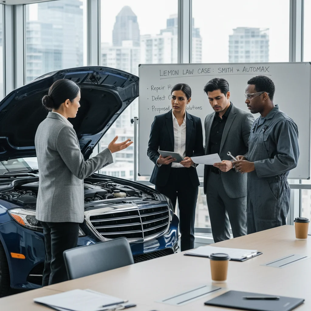 Diverse group discussing a Lemon Law case with a lawyer and car owner.