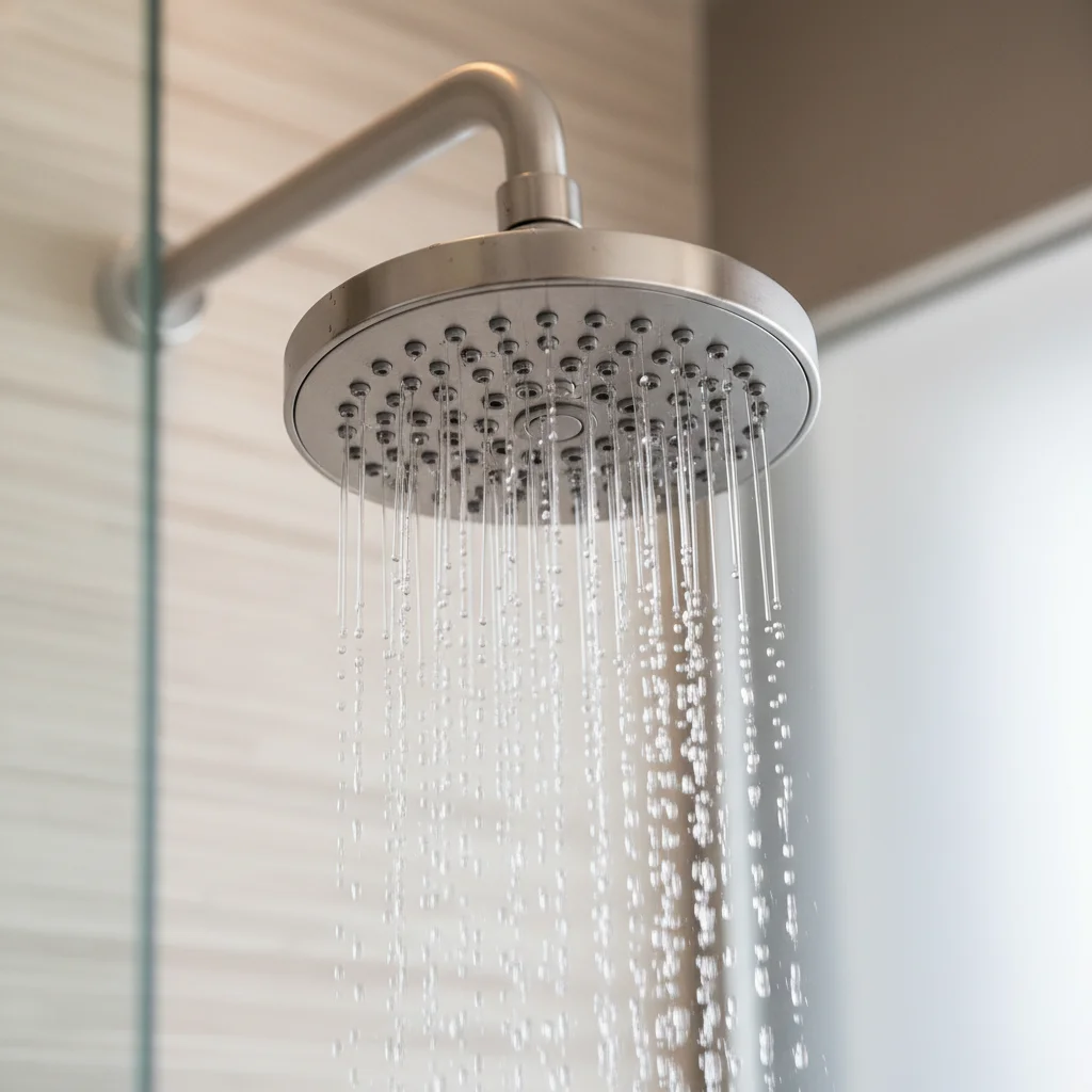 Modern low-flow showerhead conserving water in a bathroom
