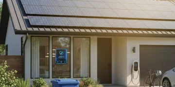 Modern American home with solar panels, smart thermostat, and recycling bin for reduced carbon footprint.