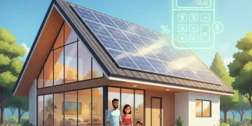 Modern home with solar panels, family, and financial savings symbols.